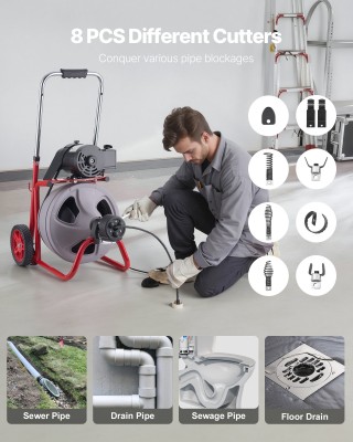 VEVOR Φορητό Μηχάνημα Καθαρισμού Αποχετεύσεων 22m x 9.5mm με 8 Κόφτ...