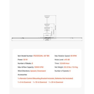 VEVOR Ανεμιστήρας Οροφής Αλουμινίου 213 εκ. Χωρίς Φως με Τηλεχειρισ... VEVOR Ανεμιστήρας Οροφής Αλουμινίου 213 εκ. Χωρίς Φως με Τηλεχειρισ...