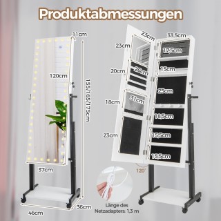 Costway  Πολυτελής Καθρέπτης Κοσμηματοθήκης με LED Φωτισμό και Ρυθμ...