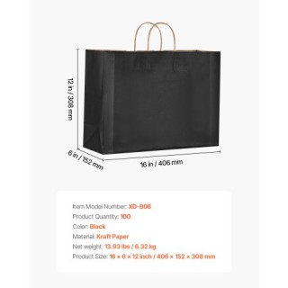 VEVOR Μαύρες Χάρτινες Τσάντες με Χερούλια 100 Τεμάχια ZZGWDHTS1661I...