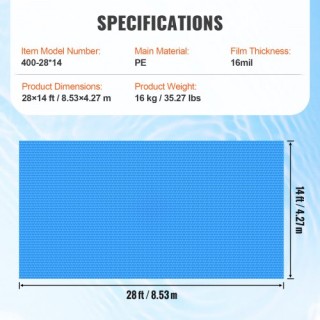 Κάλυμμα Πισίνας VEVOR 28x14 ft, Ηλιακή Κουβέρτα 16 mil Μπλε  TYNJRY...