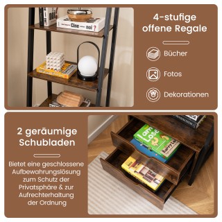 Costway Καφέ Ελεύθερη Σκάλα Ράφι 134cm με 4 Ανοιχτά Ράφια και 2 Συρ...