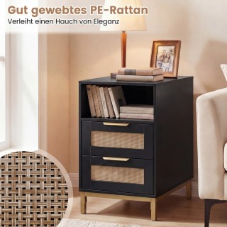 Costway Μαύρο Τραπεζάκι με Σταθμό Φόρτισης & 2 Συρτάρια από Ρατάν &...