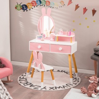 Costway  Σετ Μακιγιάζ σε Σχήμα Λαγού για Παιδιά με Ακρυλικό Καθρέφτ...