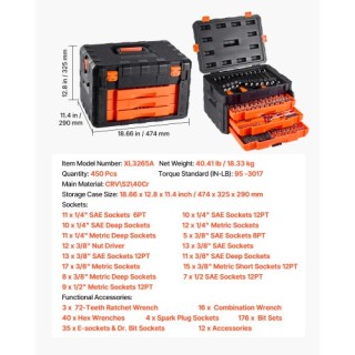 VEVOR Σετ Καρυδάκια 450 Τμχ με 6.4/9.5/12.7 mm Δίσκο και Πορτοκαλί ...