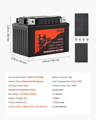VEVOR Μπαταρία Μοτοσικλέτας 12V 2Ah LiFePO4 Λιθίου, Υψηλής Απόδοσης... VEVOR Μπαταρία Μοτοσικλέτας 12V 2Ah LiFePO4 Λιθίου, Υψηλής Απόδοσης...