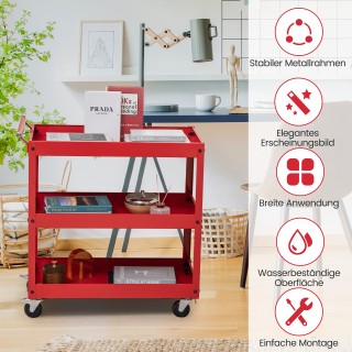 Costway Κόκκινο Μεταλλικό Καρότσι με 3 Επίπεδα Αποθήκευσης & Λαβή -...
