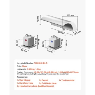 VEVOR Ανανεωμένος Βρυσάκι Μπανιέρας 3 Οπών, Ασημί Διπλή Ροή DFPTKBD...