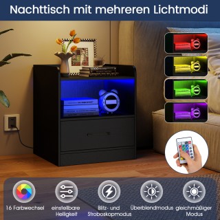 Costway Μαύρο Κομοδίνο με LED Φωτισμό και Ανοιχτό Ράφι και Συρτάρι ...