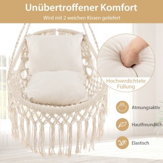 Costway Κρεμαστή Καρέκλα Μακραμέ με 2 Μαξιλάρια - Αντοχή έως 150kg ...