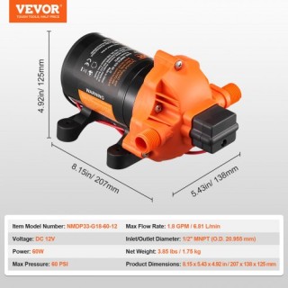 VEVOR  Αντλία Διαφράγματος 12V 1.8GPM 6.81 L/min 3-Θάλαμος με Διακό...