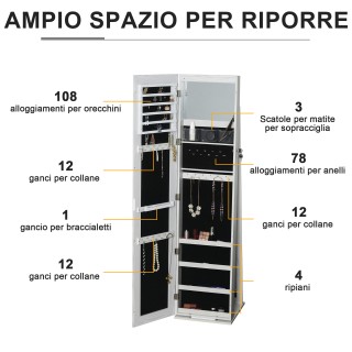 HOMCOM Καθρέφτης Κοσμηματοθήκη LED με Ράφια, 38x38x157 cm, Λευκός 8... HOMCOM Καθρέφτης Κοσμηματοθήκη LED με Ράφια, 38x38x157 cm, Λευκός 8...