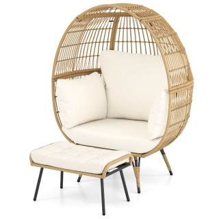 Costway Λευκή XXL Πολυθρόνα Ρατάν Κήπου με Υποπόδιο και Μαξιλάρια H...