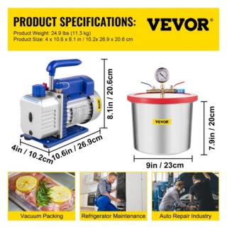 VEVOR Θάλαμος Κενού 2 Γαλόνια με Αντλία 4CFM 1/3HP για Σιλικόνη & Ε...