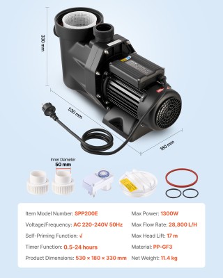 VEVOR Αντλία Πισίνας 1300W 28,800 L/H AC 220-240V με Χρονοδιακόπτη ...
