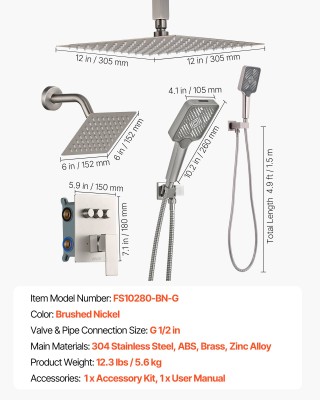 VEVOR Σετ Ντους: 305 mm Οροφής & 152 mm Τοίχου με 4 σε 1 Χειροκίνητ... VEVOR Σετ Ντους: 305 mm Οροφής & 152 mm Τοίχου με 4 σε 1 Χειροκίνητ...