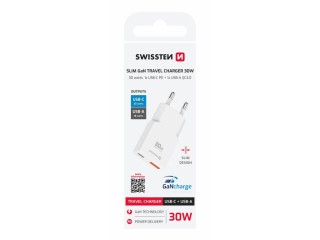 SWISSTEN Λεπτός Τροφοδοτικός Αντάπτορας GaN USB-C + USB-A 30 W, Λευ...