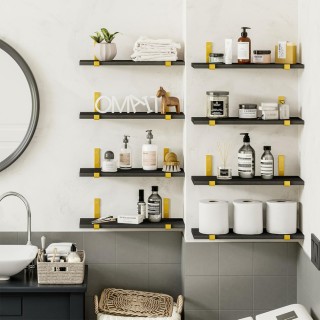 BAKAJI Σετ 8 Μαύρα Ξύλινα Ράφια Τοίχου με Χρυσά Στηρίγματα, 40x15εκ...