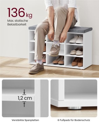 Πάγκος Παπουτσιών VASAGLE με Μαξιλάρι, Λευκός/Γκρι Πάγκος Παπουτσιών VASAGLE με Μαξιλάρι, Λευκός/Γκρι