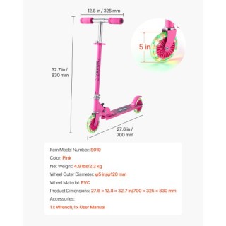 VEVOR Παιδικό Πατίνι Δύο Τροχών με Φωτιζόμενες Ρόδες και Ρυθμιζόμεν...