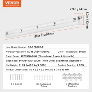 VEVOR 4x LED Φωτιστικό Ανθεκτικό 4FT 60W/50W/40W Επιλέξιμο 5400/640...