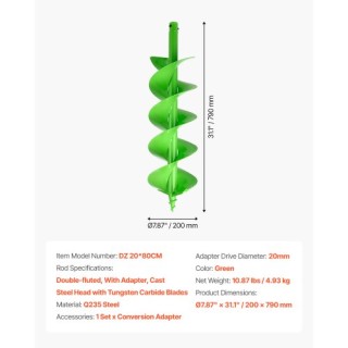 VEVOR Τρυπάνι Εδάφους 7.87 x 31.1 in Σπειροειδής Γεωτρύπανος Φύτευσ...
