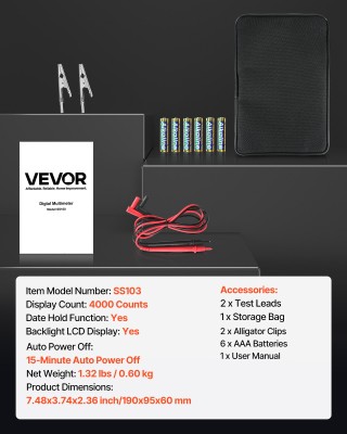 VEVOR Ψηφιακό Πολύμετρο 4000-Μετρήσεων, Ακρίβεια 1000V AC/DC, Διαστ... VEVOR Ψηφιακό Πολύμετρο 4000-Μετρήσεων, Ακρίβεια 1000V AC/DC, Διαστ...