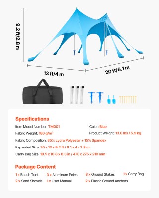 VEVOR Παραλία Σκηνή Αντηλιακή Προστασία UPF50+, Ύψος 2.8μ, 6.1 x 4μ...