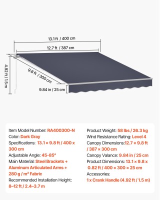 VEVOR Χειροκίνητη Αναδιπλούμενη Τέντα 400 x 300 cm, Πολυεστερική, Γ...