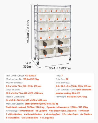 VEVOR 7-Επίπεδη Κινητή Ραφιέρα Αποθήκευσης με 22 Κάδους Οργάνωσης K...