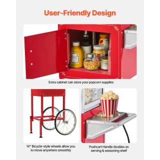 VEVOR Μηχανή Ποπκόρν με Καρότσι και Βραστήρα 800W 0.2kg Κόκκινη CSB...