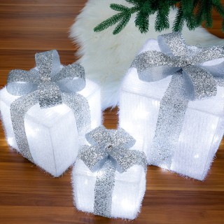 BAKAJI  Σετ 3 Φωτεινά Πακέτα Δώρων Χριστουγέννων Λευκό και Ασημί Εσ...