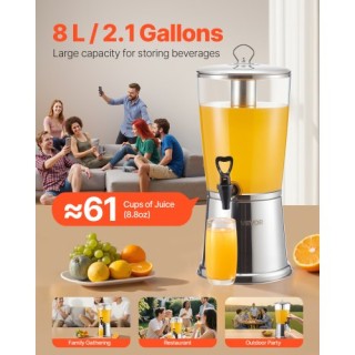 VEVOR Ανοξείδωτος Διανεμητής Ποτών 8L με Στύπωμα και Θάλαμο Πάγου γ...