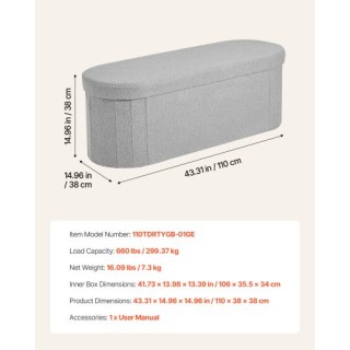 VEVOR Πτυσσόμενο Οβάλ Οθωμανικό Παγκάκι με Αποθηκευτικό Χώρο, Υποαλ...