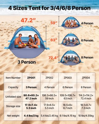 VEVOR Σκηνή Παραλίας για 3 Άτομα, Προστασία UPF 50+, Φορητή Τέντα μ...