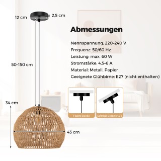 Costway  Boho Κρεμαστό Φωτιστικό με Πλεκτό Σχέδιο και Ρυθμιζόμενο Ύ...