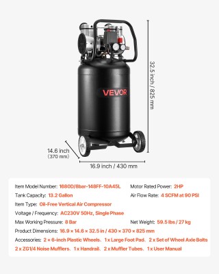 VEVOR Φορητός Αεροσυμπιεστής 50L, 1.5 kW, 113L/min στα 6.2 Bar, Μέγ...