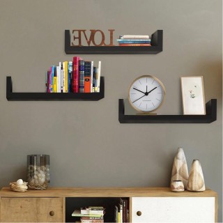 BAKAJI  Σετ 3 Μοντέρνα Ράφια Τοίχου Σχεδιασμού με Άκρα Ράφι Ξύλο Μα...