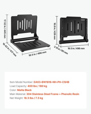 VEVOR Πτυσσόμενη Επιτοίχια Καθιστήρα Ντους με Πλάτη, 452mm, Πλαστικ...