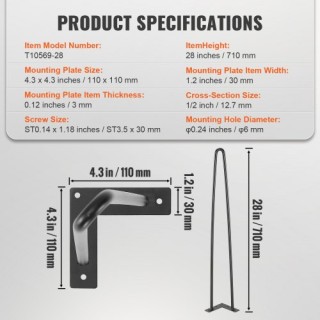 Σετ 4 Μεταλλικά Πόδια Επίπλων VEVOR 711.2MM για Τραπέζια, Μέγιστο Φ...