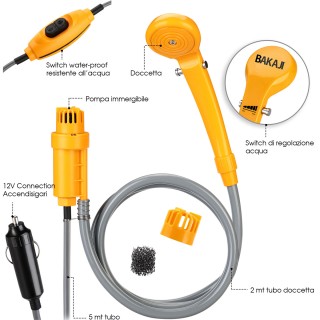 BAKAJI Ντους Κατασκήνωσης 12V Καλώδιο Τροφοδοσίας 5m Πλύσιμο Αυτοκι...