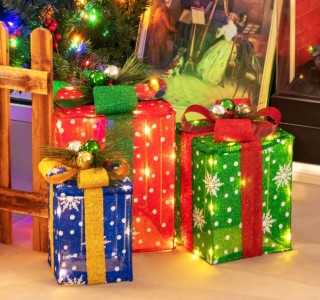 Σετ από 3 Φωτιζόμενα Αδιάβροχα Χριστουγεννιάτικα Κουτιά Δώρων με Φι...