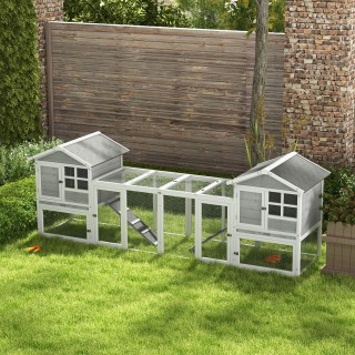PawHut Εξωτερική Ξύλινη Καλύβα με 2 Σπίτια και Περιφραγμένο Ανοιχτό...