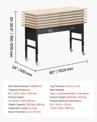 VEVOR Ρυθμιζόμενος Πάγκος Εργασίας 1524 mm, Φορτίο 680 kg, με Συρτά...