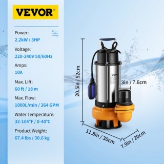 Αντλία Βυθιζόμενη VEVOR 2200W, 60000L/H, με 10μ Καλώδιο & Αυτόματο ...
