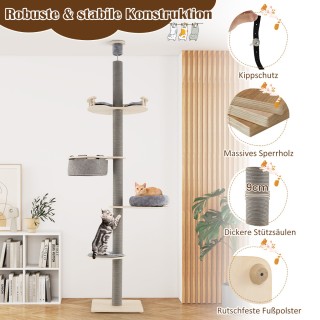 Costway Ρυθμιζόμενο Γκρι Ουρανοξύστης Γάτας 236-271 cm με 5 Επίπεδα...