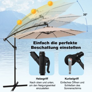 Costway Κρεμαστή ομπρέλα κήπου με μανιβέλα και 40 ηλιακά LED, μπεζ,...