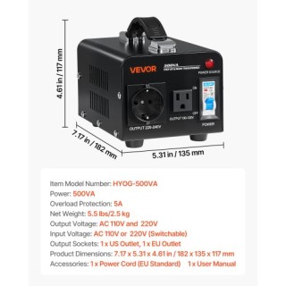 VEVOR Μετασχηματιστής Τάσης 500VA Step Up/Down 110V σε 220V/220V σε...