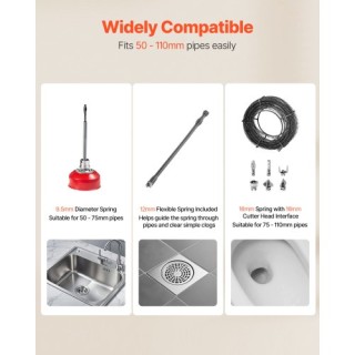 VEVOR Ηλεκτρική Μηχανή Καθαρισμού Αποχέτευσης 400W, 1400RPM με 20m ...