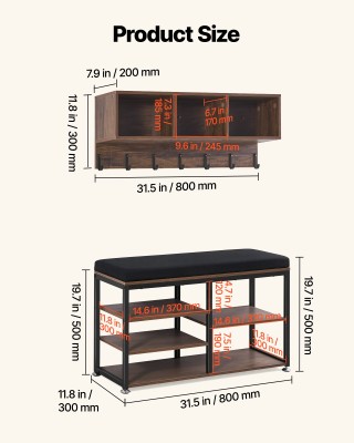 VEVOR Πολυλειτουργική Κρεμάστρα με Πάγκο Παπουτσιών και Ράφι, Μεταλ...